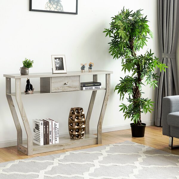 Costway Tavolo con cassetto e 3 ripiani da studio e ufficio, Consolle per ingresso e salone multiuso 120x30x81cm Grigio
