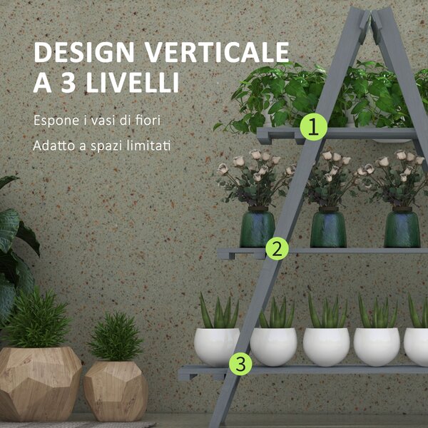 Outsunny Portapiante Verticale 3 Livelli a Doghe, in Legno di Abete, 100x36x112 cm, Grigio|Aosom