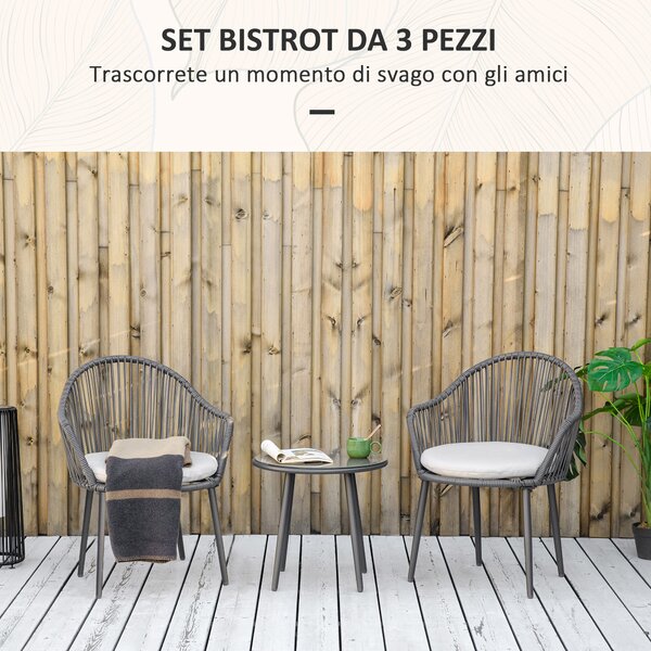 Outsunny Salotto da Giardino in Rattan con 2 Poltroncine con Cuscini e Tavolino da Caffè in Vetro, Grigio|Aosom