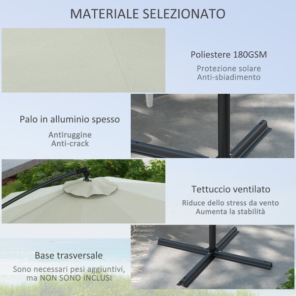 Outsunny Ombrellone a Braccio a 8 Stecche con Base a Croce, in Alluminio, Metallo e Poliestere, Ø293x260 cm, Crema|Aosom