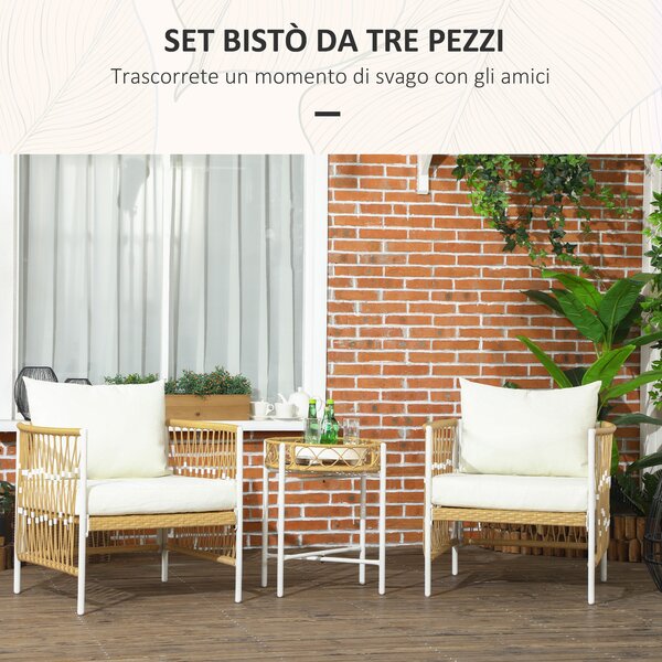Outsunny Set da Giardino Stile Boho in Rattan con 2 Sedie con Cuscini e Tavolino Rotondo, Giallo