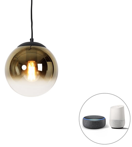 Smart hanglamp zwart met goud glas 20 cm incl. Wifi A60 - Pallon