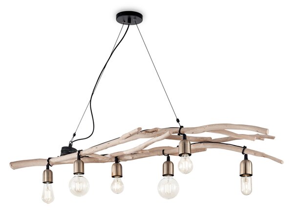 Sospensione Industrial-Minimal Driftwood Legno Marrone 6 Luci E27