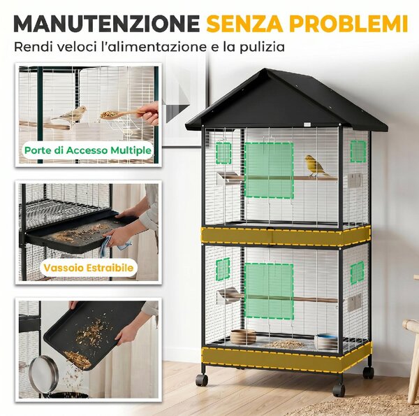 AllMyPets Gabbia per Uccelli Grande con Ruote Vassoio Estraibile Posatoi Tetto Pappagalli Canarini colore Nero