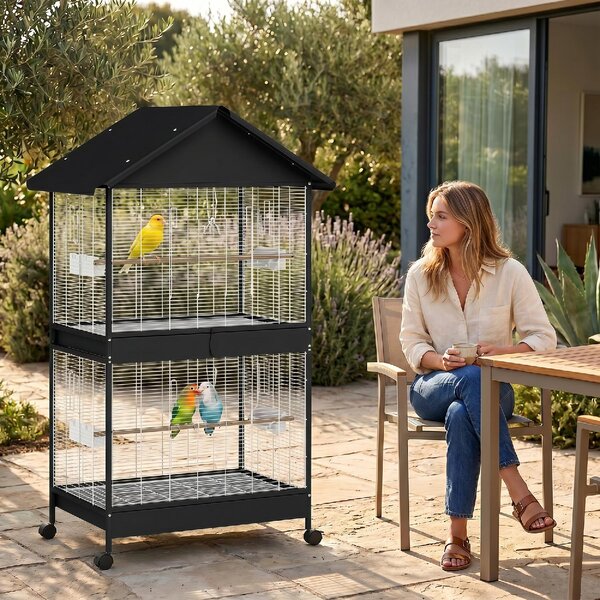 AllMyPets Gabbia per Uccelli Grande con Ruote Vassoio Estraibile Posatoi Tetto Pappagalli Canarini colore Nero