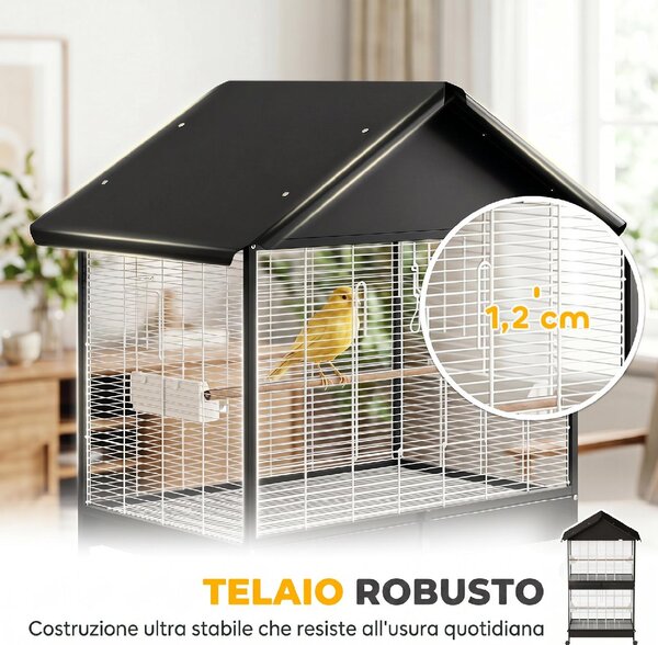 AllMyPets Gabbia per Uccelli Grande con Ruote Vassoio Estraibile Posatoi Tetto Pappagalli Canarini colore Nero