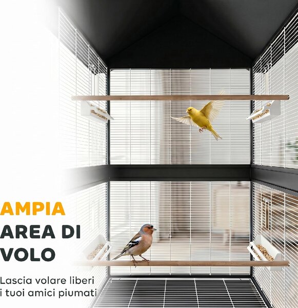 AllMyPets Gabbia per Uccelli Grande con Ruote Vassoio Estraibile Posatoi Tetto Pappagalli Canarini colore Nero