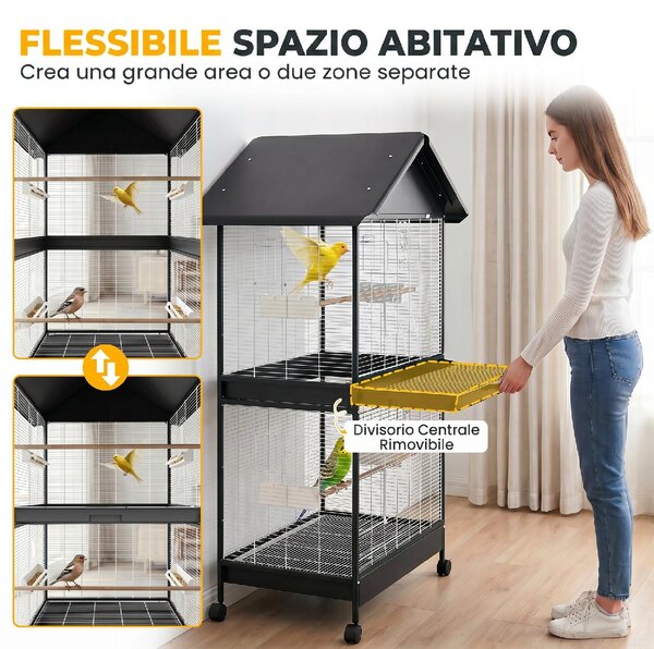 AllMyPets Gabbia per Uccelli Grande con Ruote Vassoio Estraibile Posatoi Tetto Pappagalli Canarini colore Nero