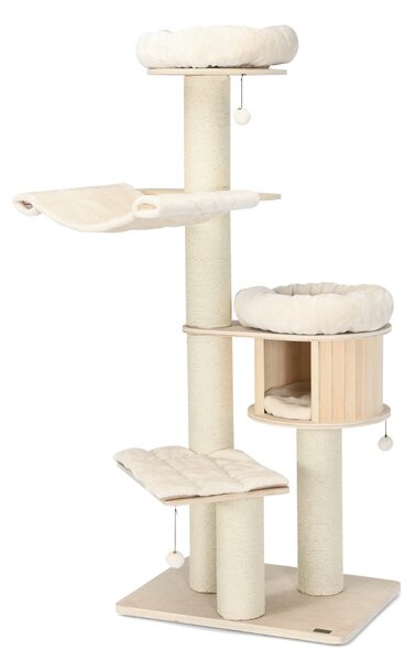 Costway Albero per gatti in legno massiccio da 174cm con pali sisal, Torre per gatti a 4 livelli Naturale