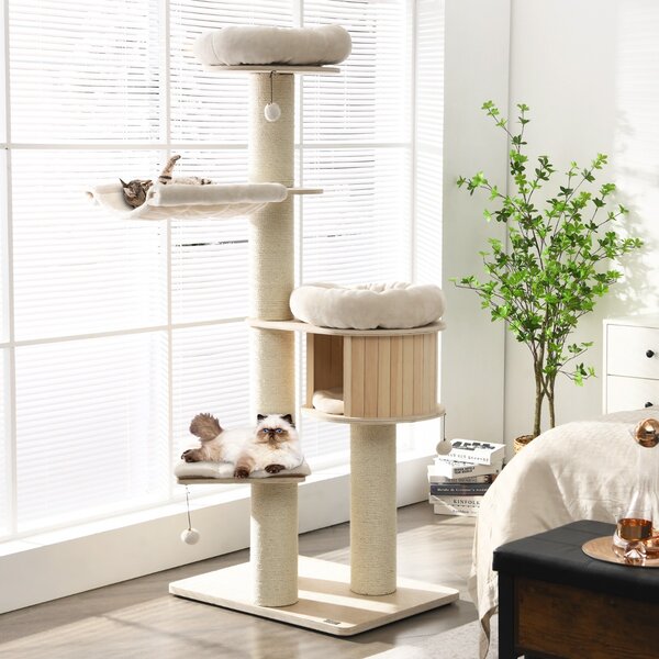 Costway Albero per gatti in legno massiccio da 174cm con pali sisal, Torre per gatti a 4 livelli Naturale