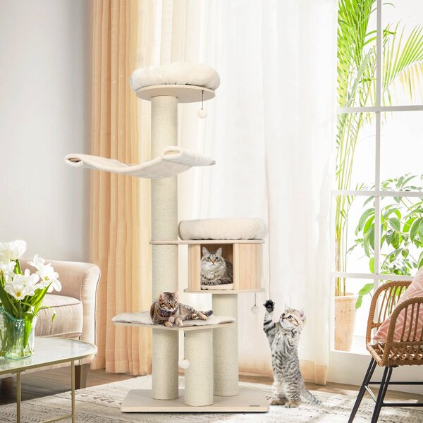Costway Albero per gatti in legno massiccio da 174cm con pali sisal, Torre per gatti a 4 livelli Naturale