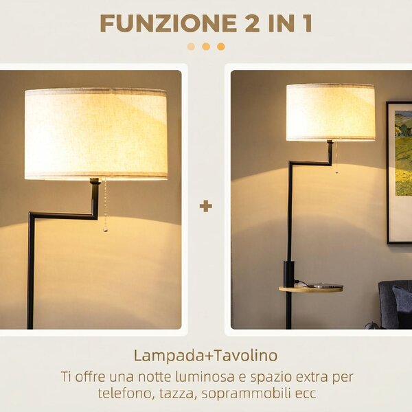 DecHome Lampada da Terra Moderna con Mensola Integrata in Bamb Paralume in Tessuto effetto Lino Base in Acciaio colore Nero/Beige