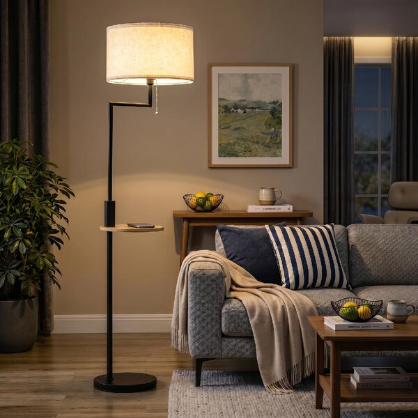 DecHome Lampada da Terra Moderna con Mensola Integrata in Bamb Paralume in Tessuto effetto Lino Base in Acciaio colore Nero/Beige