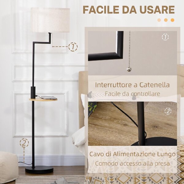 DecHome Lampada da Terra Moderna con Mensola Integrata in Bamb Paralume in Tessuto effetto Lino Base in Acciaio colore Nero/Beige
