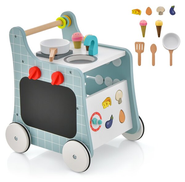 Costway Primi passi per bambini in legno 6 in 1, Carrellino primi passi per spingere e tirare con cucina giocattolo Blu