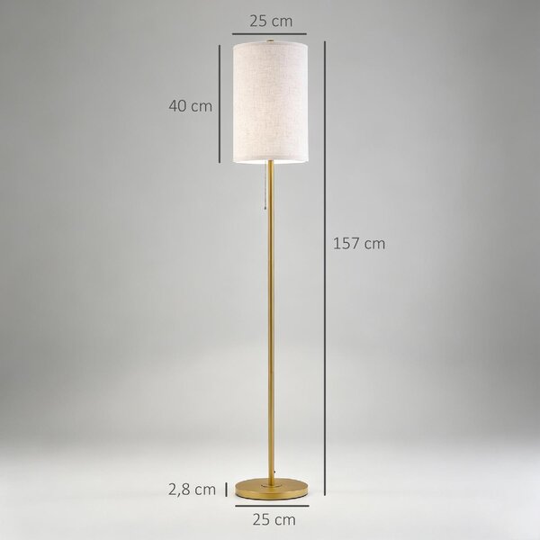 DecHome Lampada da Terra Moderna con Interruttore a Catena Paralume in Lino e Base in Acciaio Attacco E27 colore Oro/Crema