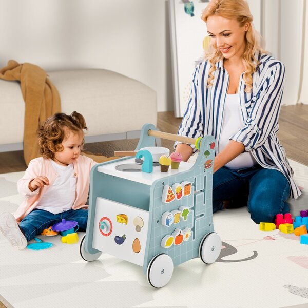Costway Primi passi per bambini in legno 6 in 1, Carrellino primi passi per spingere e tirare con cucina giocattolo Blu