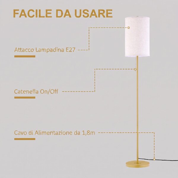DecHome Lampada da Terra Moderna con Interruttore a Catena Paralume in Lino e Base in Acciaio Attacco E27 colore Oro/Crema