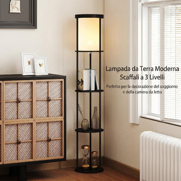 DecHome Lampada da Terra Moderna con Ripiani Rotondi Paralume in Tessuto Interruttore a Pedale e Telecomando colore Nero