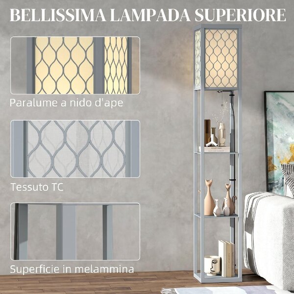 DecHome Lampada da Terra Moderna Salvaspazio con 3 Ripiani Attacco E27 per Salotto e Soggiorno colore Grigio Chiaro