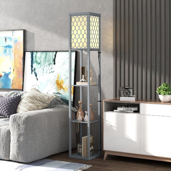 DecHome Lampada da Terra Moderna Salvaspazio con 3 Ripiani Attacco E27 per Salotto e Soggiorno colore Grigio Chiaro