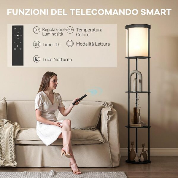 DecHome Lampada da Terra Moderna con Ripiani Rotondi Paralume in Tessuto Interruttore a Pedale e Telecomando colore Nero
