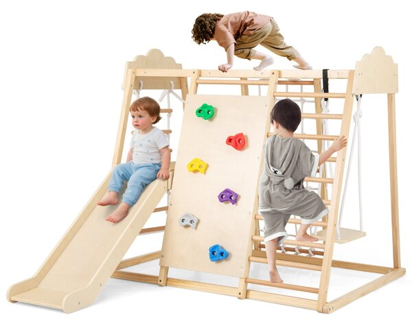 Costway Palestra da interno 8-in-1 con scivolo rimovibile, Giocattoli da arrampicata in legno per bambini 3+ anni Naturale