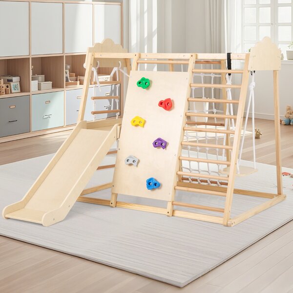 Costway Palestra da interno 8-in-1 con scivolo rimovibile, Giocattoli da arrampicata in legno per bambini 3+ anni Naturale