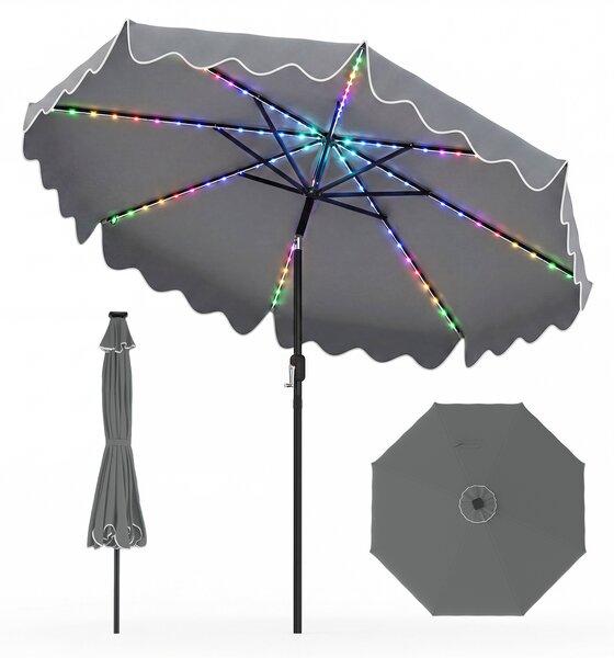 Costway Ombrellone da giardino con luci led 8 costole palo in metallo parte superiore ventilata, Ombrellone da esterno inclinabile 30° Grigio