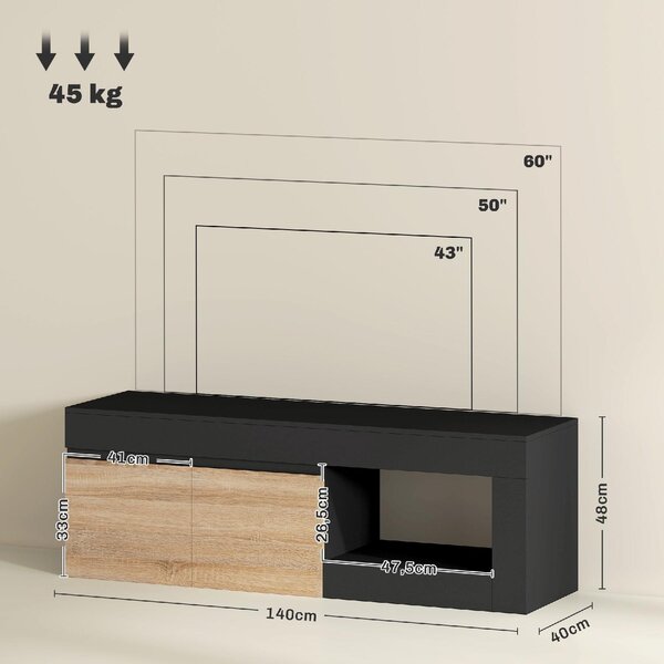 DecHome Mobile TV Moderno 2 Ante 1 Vano a Giorno Dimensioni 140x40x48 cm colore Nero/Legno