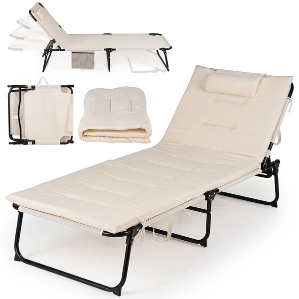 Costway Lettino prendisole pieghevole con schienale regolabile poggiatesta materasso e tasca laterale, Lettino da campeggio portata 120 kg Beige