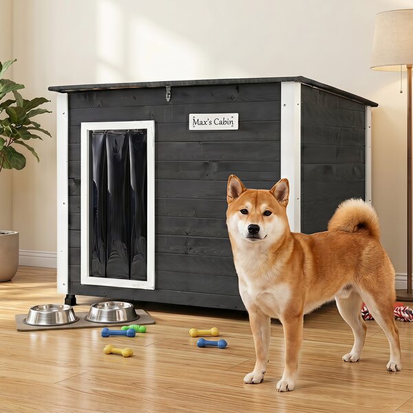 Costway Casetta per cani e gatti con tetto inclinato apribile porta in pvc e piedini antiscivolo, Cuccia per animali domestici in legno