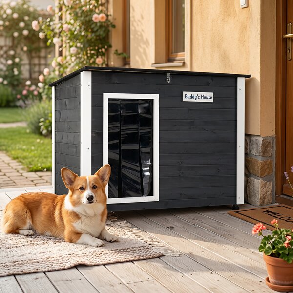 Costway Casetta per cani e gatti con tetto inclinato apribile porta in pvc e piedini antiscivolo, Cuccia per animali domestici in legno