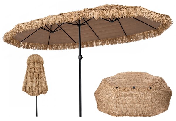 Costway Ombrellone di paglia con 12 stecche palo in metallo e manovella, Ombrellone da giardino 450 x 270 cm Marrone
