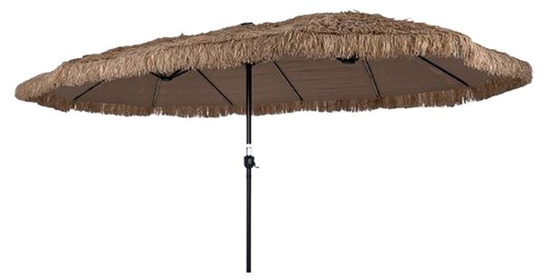 Costway Ombrellone di paglia con 12 stecche palo in metallo e manovella, Ombrellone da giardino 450 x 270 cm Marrone