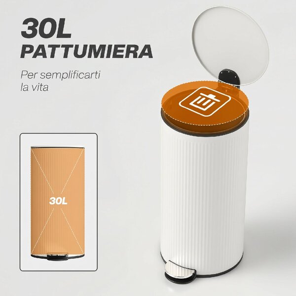 DecHome Pattumiera con Coperchio a Chiusura Morbida 30 Litri in Metallo e PP colore Crema