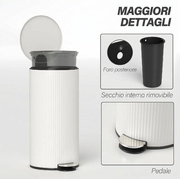 DecHome Pattumiera con Coperchio a Chiusura Morbida 30 Litri in Metallo e PP colore Crema