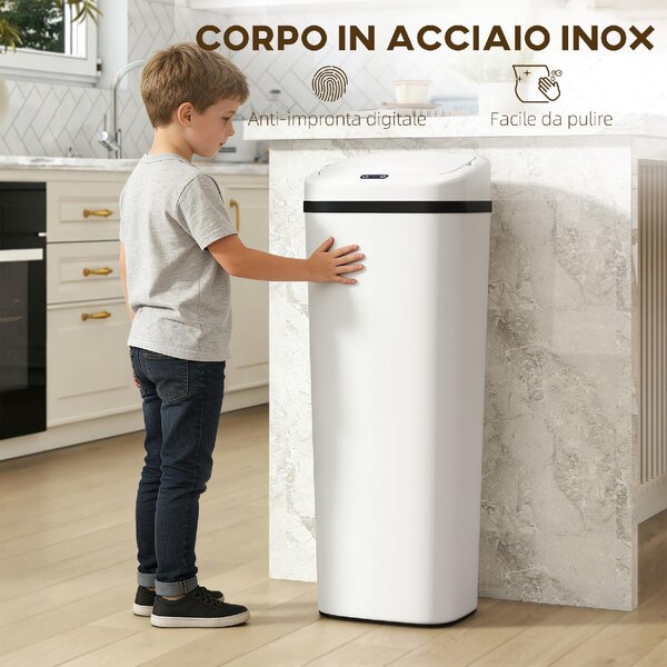 DecHome Pattumiera con Sensore a Infrarossi con 2 Modalit di Apertura 50 Litri Superficie Anti-impronte colore Bianco