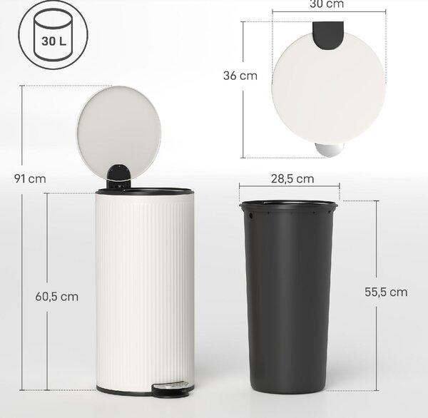 DecHome Pattumiera con Coperchio a Chiusura Morbida 30 Litri in Metallo e PP colore Crema