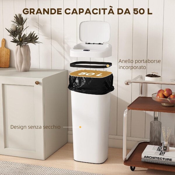 DecHome Pattumiera con Sensore a Infrarossi con 2 Modalit di Apertura 50 Litri Superficie Anti-impronte colore Bianco