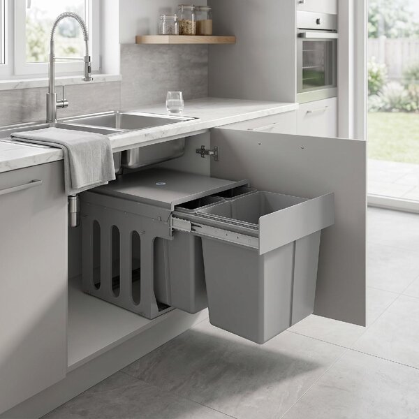 DecHome Pattumiera Sottolavello Estraibile per Mobili con 3 Secchi Rimovibili e Piano Superiore 31 Litri colore Grigio Chiaro