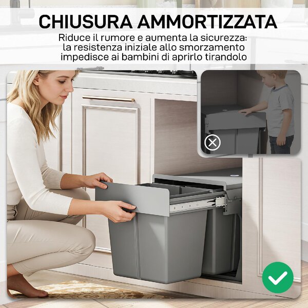 DecHome Pattumiera Sottolavello Estraibile per Mobili con 3 Secchi Rimovibili e Piano Superiore 31 Litri colore Grigio Chiaro
