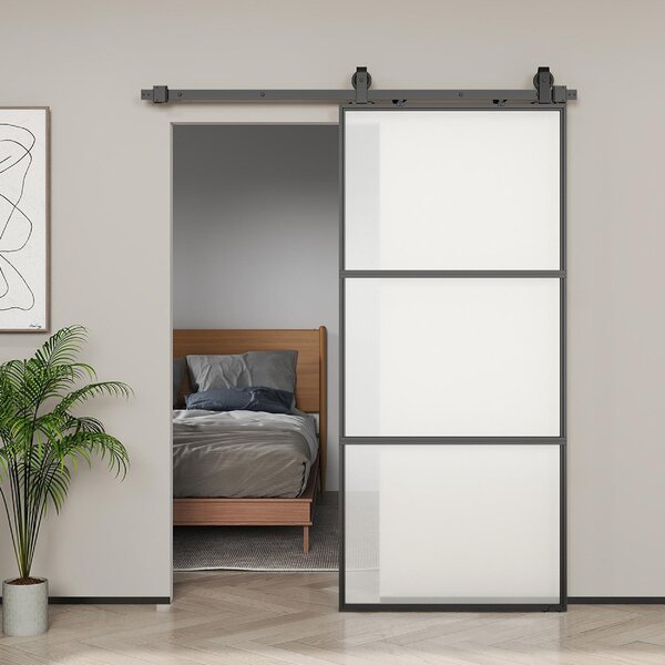 DecHome Porta Scorrevole Esterna Muro 91.4x203.2cm in Vetro Satinato Sistema Soft-close Stile Industriale Impermeabile colore Nero