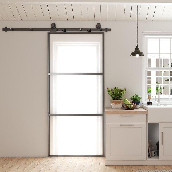 DecHome Porta Scorrevole Esterna Muro 91.4x203.2cm in Vetro Satinato Sistema Soft-close Stile Industriale Impermeabile colore Nero