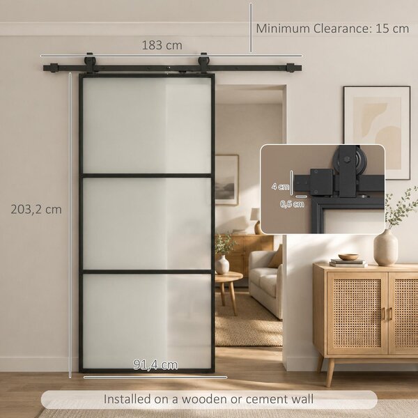 DecHome Porta Scorrevole Esterna Muro 91.4x203.2cm in Vetro Satinato Sistema Soft-close Stile Industriale Impermeabile colore Nero