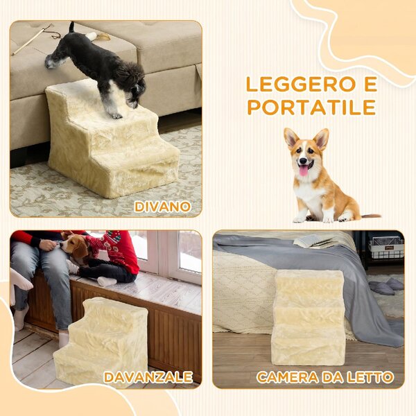 AllMyPets Scala per Cani 3 Gradini Scaletta per Cani e Gatti di 4.5 kg in Velluto Sfoderabile e Lavabile colore Beige