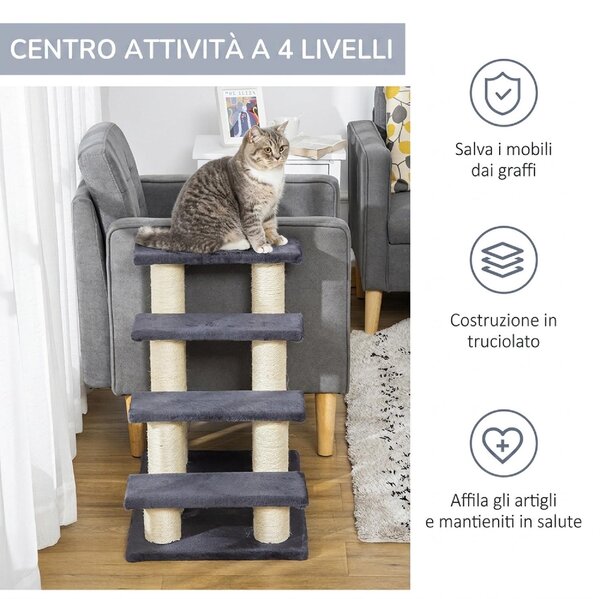 AllMyPets Scaletta per Cani e Gatti a 4 Gradini con Rivestimento in Peluche e Pali Graffiatoio in Sisal colore Grigio