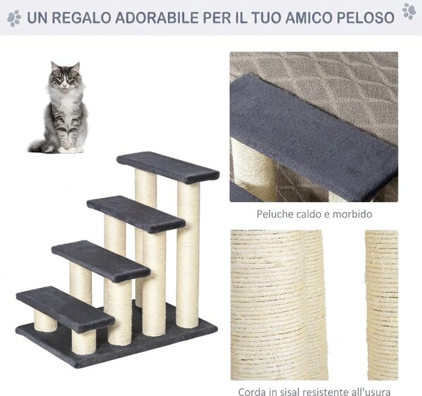 AllMyPets Scaletta per Cani e Gatti a 4 Gradini con Rivestimento in Peluche e Pali Graffiatoio in Sisal colore Grigio