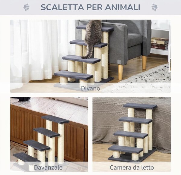 AllMyPets Scaletta per Cani e Gatti a 4 Gradini con Rivestimento in Peluche e Pali Graffiatoio in Sisal colore Grigio