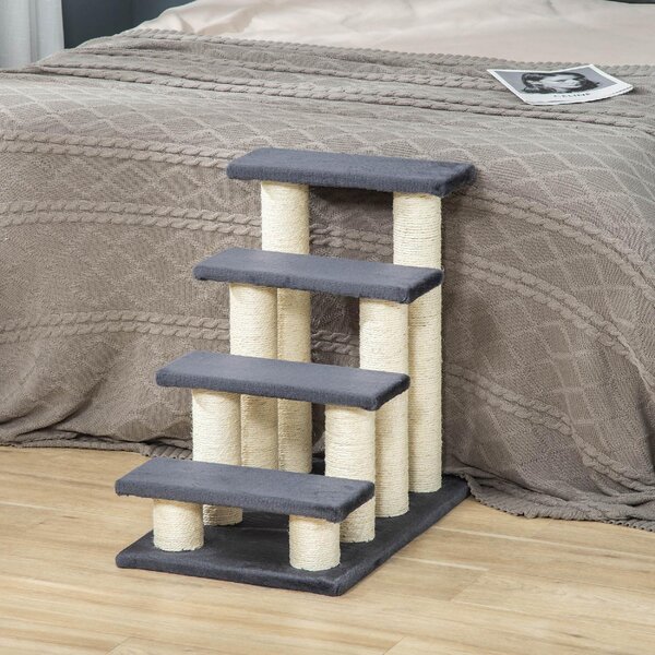 AllMyPets Scaletta per Cani e Gatti a 4 Gradini con Rivestimento in Peluche e Pali Graffiatoio in Sisal colore Grigio
